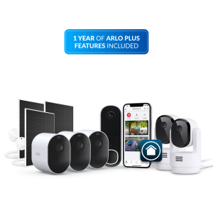 Arlo Secure Kit - Doorbell + 3 Pro Outdoor Cameras + 3 Solar Panel Chargers + 2 Indoor Pan Tilt Cameras
